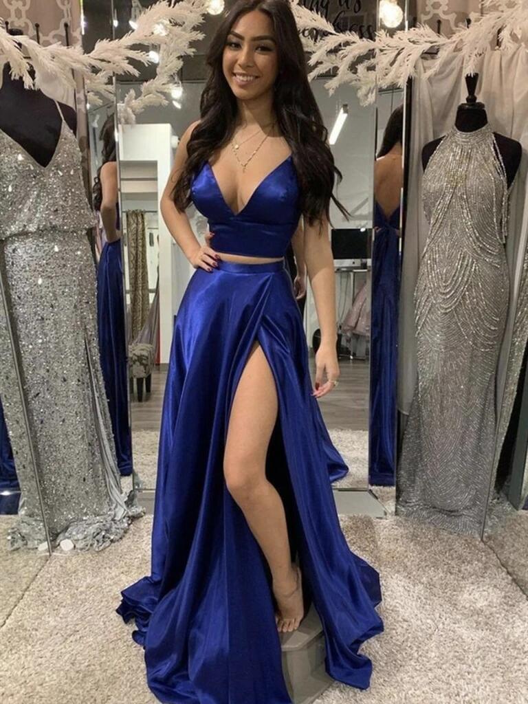V Neck 2 Pieces Royal Blue Satin Long Prom Dresses with Leg Slit, Roya morievent V Neck 2 Pieces Royal Blue Satin Long Prom Dresses with Leg Slit, Roya morievent