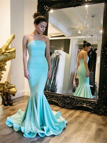 Simple Strapless Satin Cyan Mermaid Style Prom Dresses,  Cyan Mermaid Strapless Satin Long Formal Evening Dresses