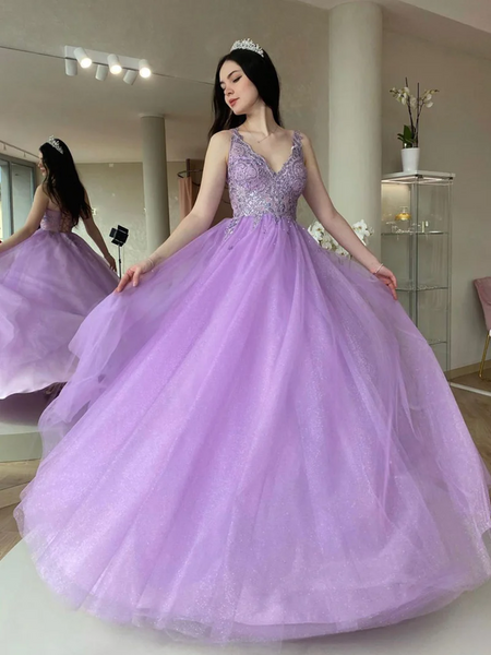 V Neck Purple Tulle Lace Long Prom Dresses, V Neck Backless Purple Tulle Lace Long Formal Evening Dresses
