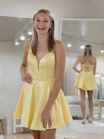 A Line V Neck Short Yellow Backless Prom Dresses, Short Yellow Formal Evening Dresses