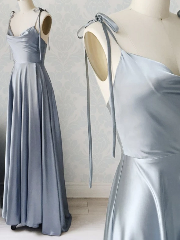 A Line Grey Satin Long Prom Dresses, A Line Grey Satin Long Formal Evening Dresses