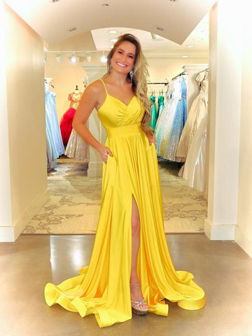 Simple V Neck Yellow Satin Long Prom Dresses With High Leg Slit, Simple V Neck Yellow Satin Long Formal Evening Dresses