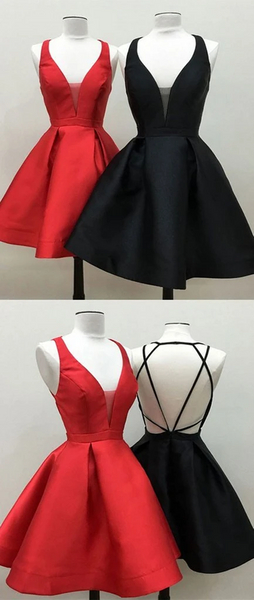 V Neck Backless Short Red/Black Prom Dresses, Open Back Red/Black Homecoming Dresses, Red/Black Formal Evening Dresses