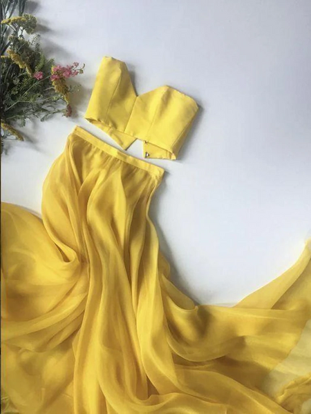 Sweetheart Neck Two Pieces Yellow Long Prom Dresses, 2 Pieces Yellow Formal Evening Dresses