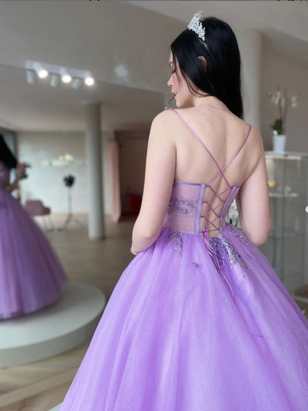 V Neck Purple Tulle Lace Long Prom Dresses, V Neck Backless Purple Tulle Lace Long Formal Evening Dresses
