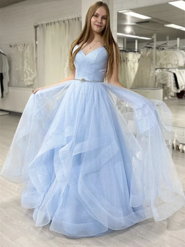 A Line Blue Tulle Long Prom Dresses, A Line Blue Tulle Long Formal Evening Dresses