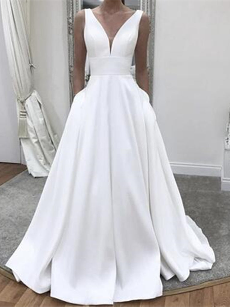 Elegant Simple V Neck White Wedding Dresses with Pockets, V Neck White morievent Elegant Simple V Neck White Wedding Dresses with Pockets, V Neck White morievent