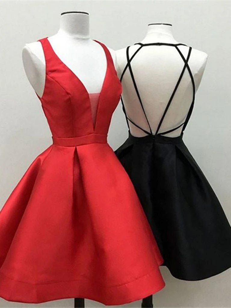 V Neck Backless Short Red/Black Prom Dresses, Open Back Red/Black Home morievent V Neck Backless Short Red/Black Prom Dresses, Open Back Red/Black Home morievent