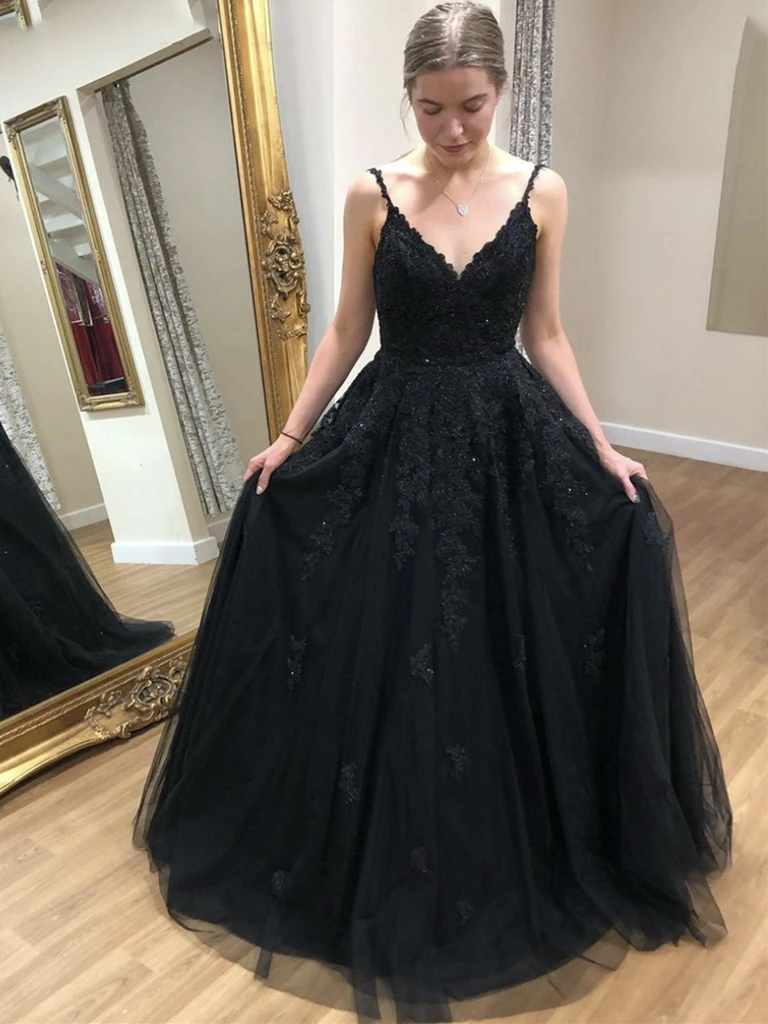 A Line V Neck Open Back Black Lace Long Prom Dresses, Black Lace Formal Dresses, Black Evening Dresses A Line V Neck Open Back Black Lace Long Prom Dresses, Black Lace Formal Dresses, Black Evening Dresses