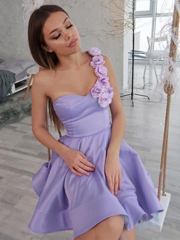 One Shoulder Floral Short Purple Prom Dresses, 3D Flowers Purple Homecoming Formal Evening Dresses