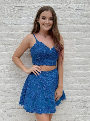 2 Pieces Short Blue Lace Prom Dresses, Short Two Pieces  Blue Lace Graduation Homecoming Dresses