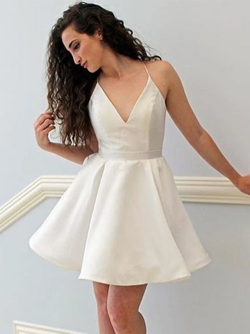 Simple V Neck Ivory Short Prom Homecoming Dresses, Ivory Formal Graduation Evening Dresses