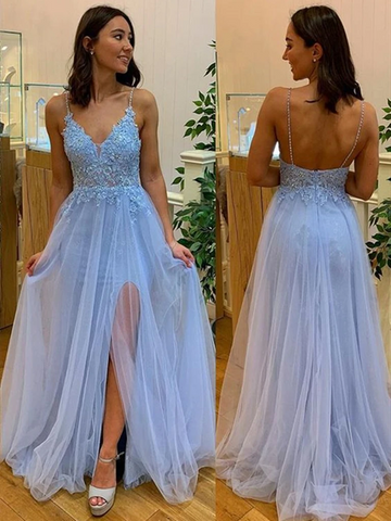 A Line V Neck Light Blue Lace Prom Dresses, Light Blue Lace Formal Evening Dresses