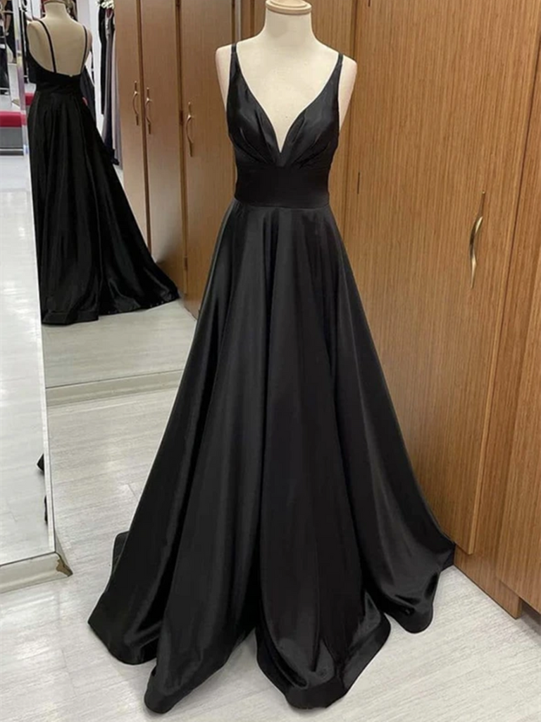 A Line V Neck Black Backless Satin Long Prom Dresses, A Line V Neck Bl morievent A Line V Neck Black Backless Satin Long Prom Dresses, A Line V Neck Bl morievent