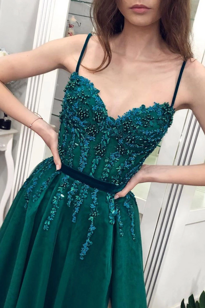 Green Sweetheart Neck Lace Long Prom Dresses, Lace Green Beaded Long Formal Evening Dresses