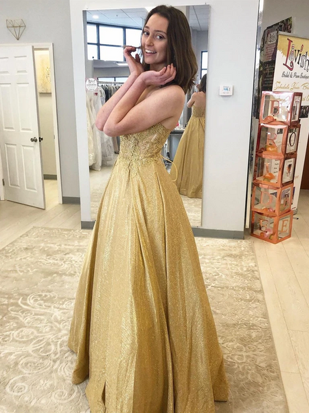 A Line V Neck Golden Lace Long Prom Dresses,  Golden Backless  Lace Formal Evening Dresses
