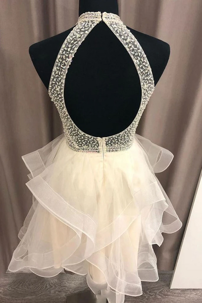 Cute Open Back Champagne Beaded Short Prom Dresses, Fluffy Champagne Beaded Homecoming Dresse, Short Champagne Formal Evening Dresses