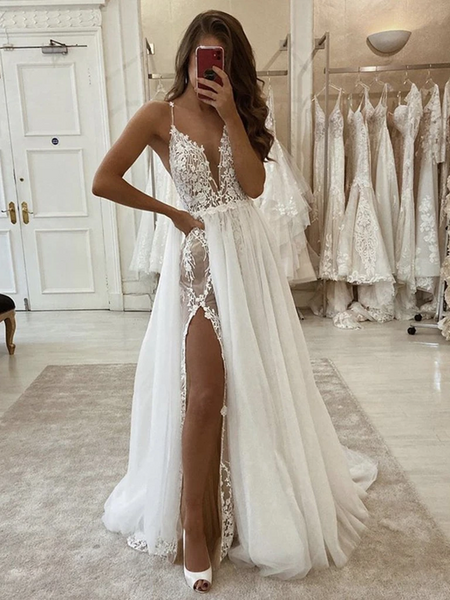 Deep V Neck Ivory Lace Long Wedding Dresses, White Lace Prom Dresses with High Split, Ivory Lace Tulle Long Formal Evening Dresses