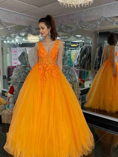 V Neck Orange Lace Tulle Long Prom Dresses, V Back Orange Lace Formal Evening Dresses