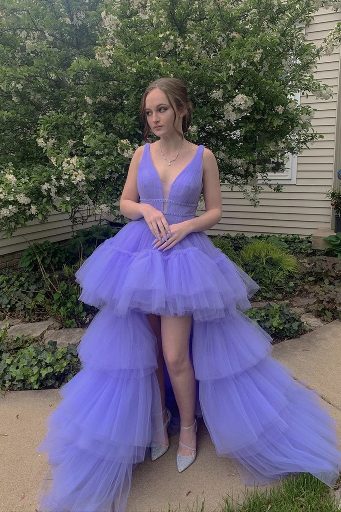 A Line V Neck Purple Tulle High Low Prom Dresses High Low Purple