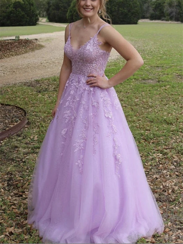 V Neck Purple Tulle Lace Long Prom Dresses, V Neck Purple Tulle Lace Long Formal Evening Dresses