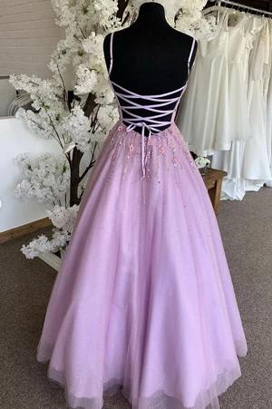 Lovely V Neck Lace Applique Purple Backless Tulle Long Prom Dresses, Purple Lace Tulle Formal Evening Dresses