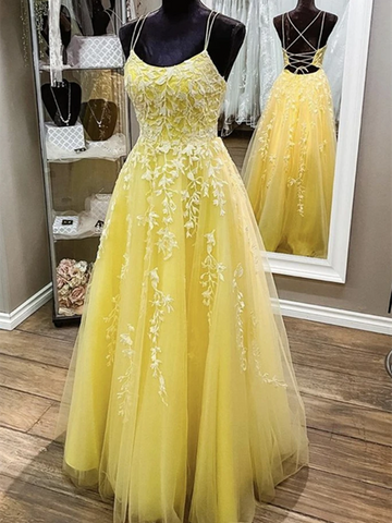 Backless Yellow Lace Long Prom Dresses, Open Back Long Yellow Lace Formal  Evening Dresses