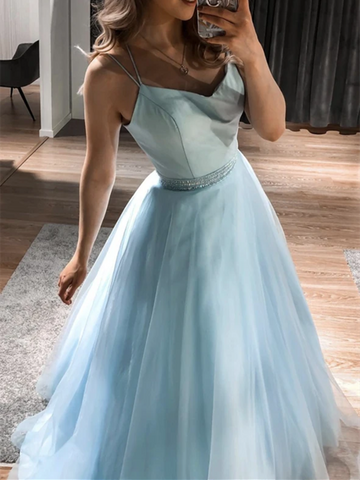 A Line Blue Tulle Satin Long Prom Dresses, A Line Blue Tulle Satin Long Formal Evening Dresses