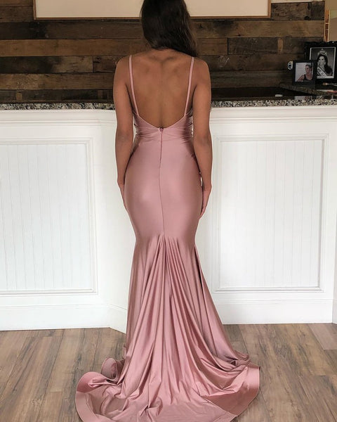V Neck Mermaid Dusty Pink Prom Dresses with Sweep Train, Dusty Pink Mermaid Formal Evening Graduation Dresses