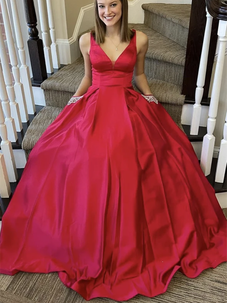 A Line V Neck Red Satin Long Prom Dresses With Pockets,  V Neck Red Satin Long Formal Evening Dresses