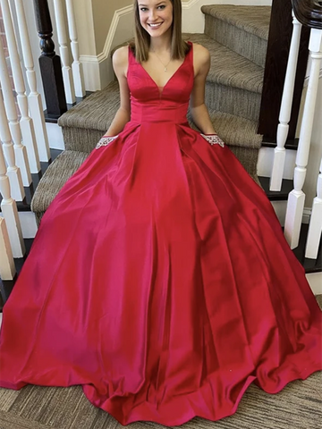 A Line V Neck Red Satin Long Prom Dresses With Pockets,  V Neck Red Satin Long Formal Evening Dresses