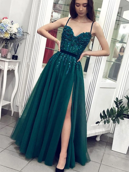 Green Sweetheart Neck Lace Long Prom Dresses, Lace Green Beaded Long Formal Evening Dresses