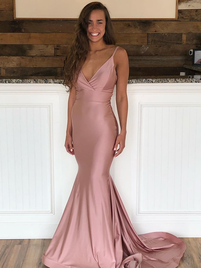V Neck Mermaid Dusty Pink Prom Dresses with Sweep Train, Dusty Pink Mermaid Formal Evening Graduation Dresses