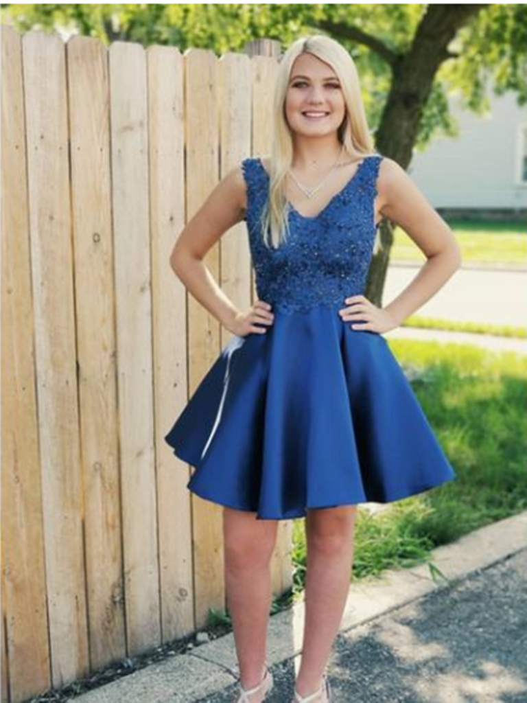 Royal Blue Lace Applique Backless Short Homecoming Dresses, Royal Blue morievent Royal Blue Lace Applique Backless Short Homecoming Dresses, Royal Blue morievent