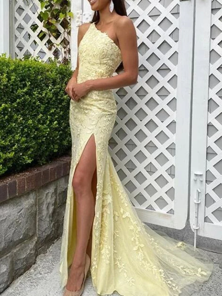 One Shoulder Mermaid Yellow Lace Long Prom Dresses with High Slit,  Mermaid Yellow Formal Dresses, Yellow Lace Evening Dresses
