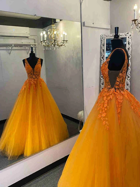 V Neck Orange Lace Tulle Long Prom Dresses, V Back Orange Lace Formal Evening Dresses