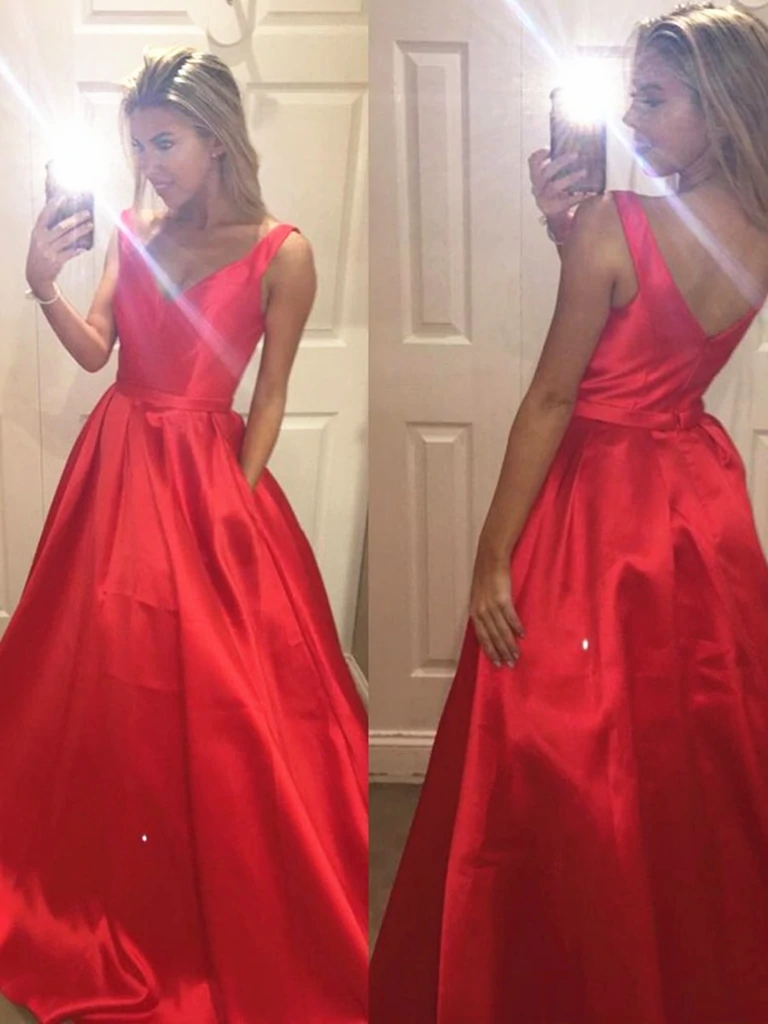 Custom Made A Line V Neck Red Prom Dresses, Red Formal Dresses, Red Evening Dresses