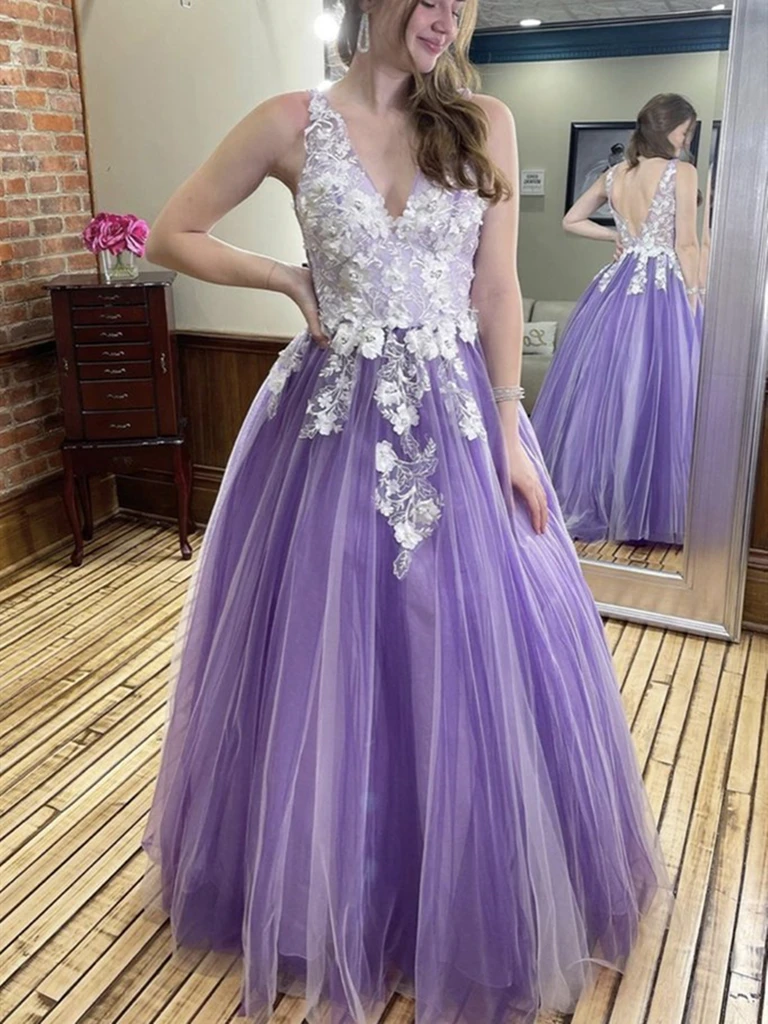 V Neck Purple Lace Floral Prom Dresses, V Neck 3D Flower Purple Lace Formal Evening Dresses