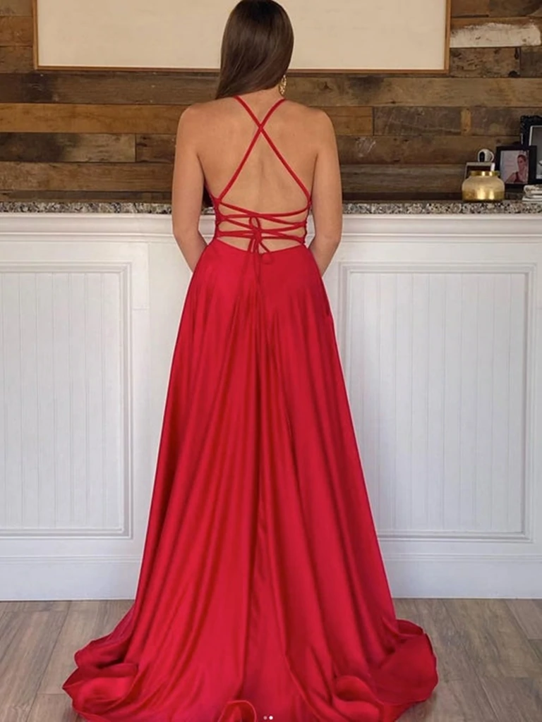Simple V Neck Backless Red Satin Long Prom Dresses with High Slit, V N morievent Simple V Neck Backless Red Satin Long Prom Dresses with High Slit, V N morievent