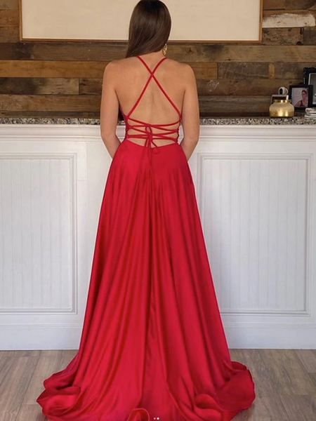 Simple V Neck Backless Red Satin Long Prom Dresses with High Slit, V Neck Red Formal Dresses, Red Evening Dresses
