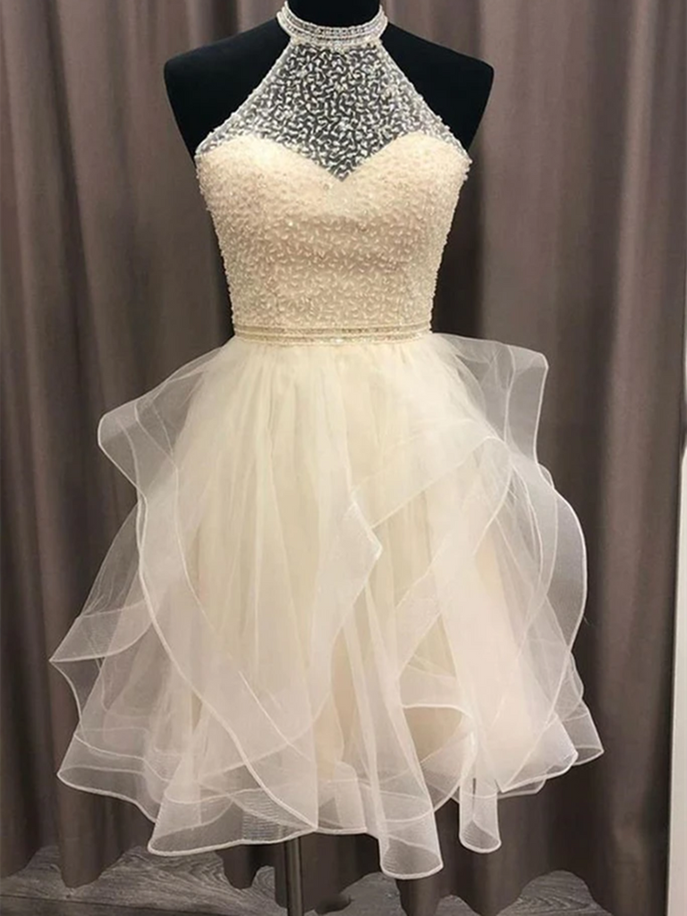 Cute Open Back Champagne Beaded Short Prom Dresses, Fluffy Champagne B morievent Cute Open Back Champagne Beaded Short Prom Dresses, Fluffy Champagne B morievent