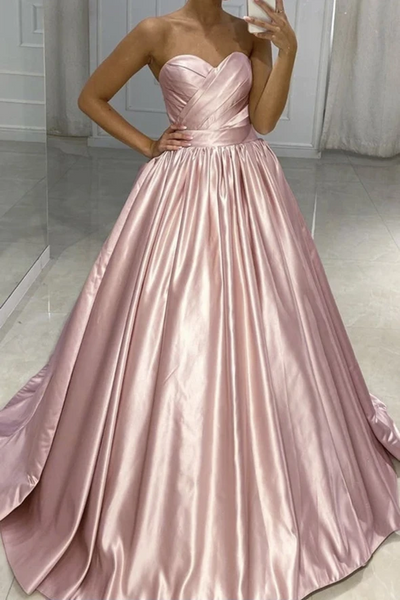 A Line Cute Sweetheart Neck Satin Pink Blue Long Prom Dresses, Sweetheart Neck Satin Pink Blue Long Formal Evening Dresses