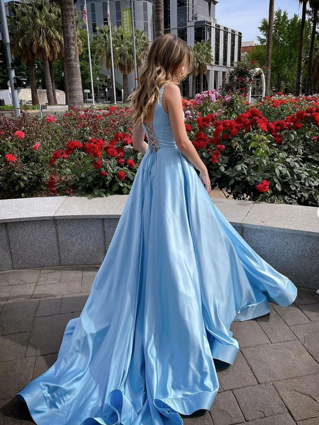 A Line Blue Satin Long Prom Dresses, Long Blue Formal Evening Dresses