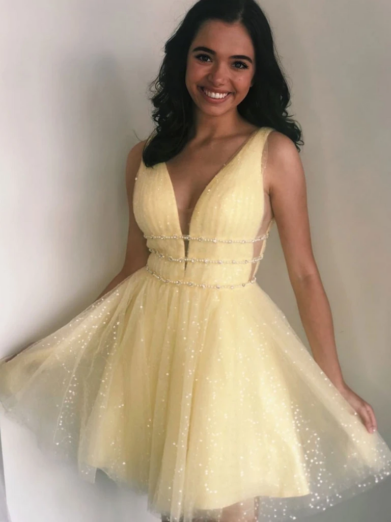 V Neck Yellow Tulle Short Prom Dresses, Short Tulle V Neck Homecoming Dresses