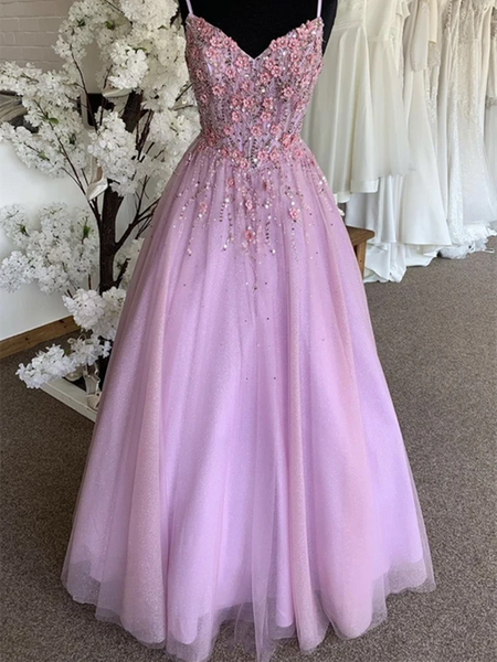 Lovely V Neck Lace Applique Purple Backless Tulle Long Prom Dresses, Purple Lace Tulle Formal Evening Dresses