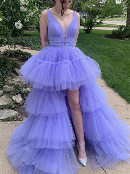 A Line V Neck Purple Tulle High Low Prom Dresses, High Low Purple Tulle Long Formal Evening Dresses