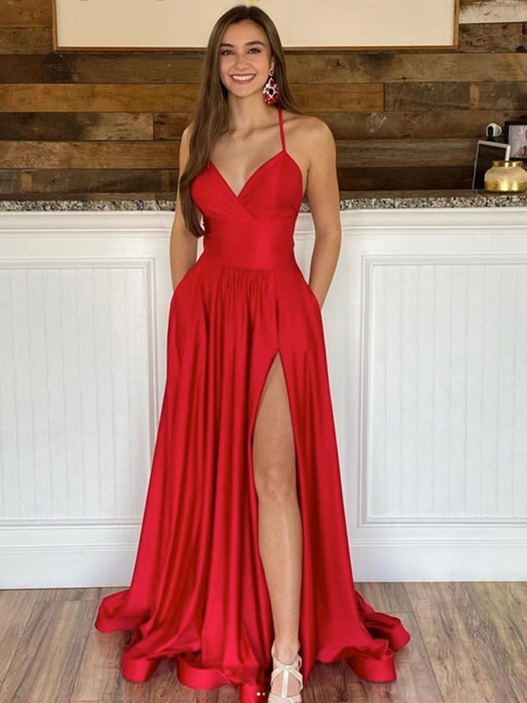 Simple V Neck Backless Red Satin Long Prom Dresses with High Slit, V Neck Red Formal Dresses, Red Evening Dresses Simple V Neck Backless Red Satin Long Prom Dresses with High Slit, V Neck Red Formal Dresses, Red Evening Dresses