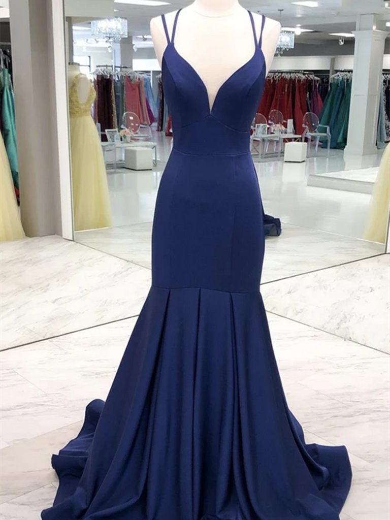 V Neck Navy Blue Mermaid Satin Long Prom Dresses, Mermaid Blue Satin L morievent V Neck Navy Blue Mermaid Satin Long Prom Dresses, Mermaid Blue Satin L morievent