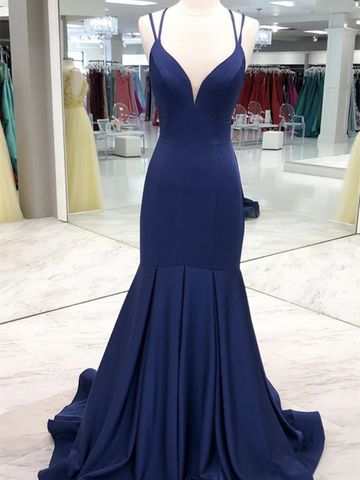 V Neck Navy Blue Mermaid Satin Long Prom Dresses, Mermaid Blue Satin Long Formal Evening Dresses