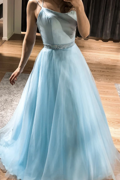 A Line Blue Tulle Satin Long Prom Dresses, A Line Blue Tulle Satin Long Formal Evening Dresses